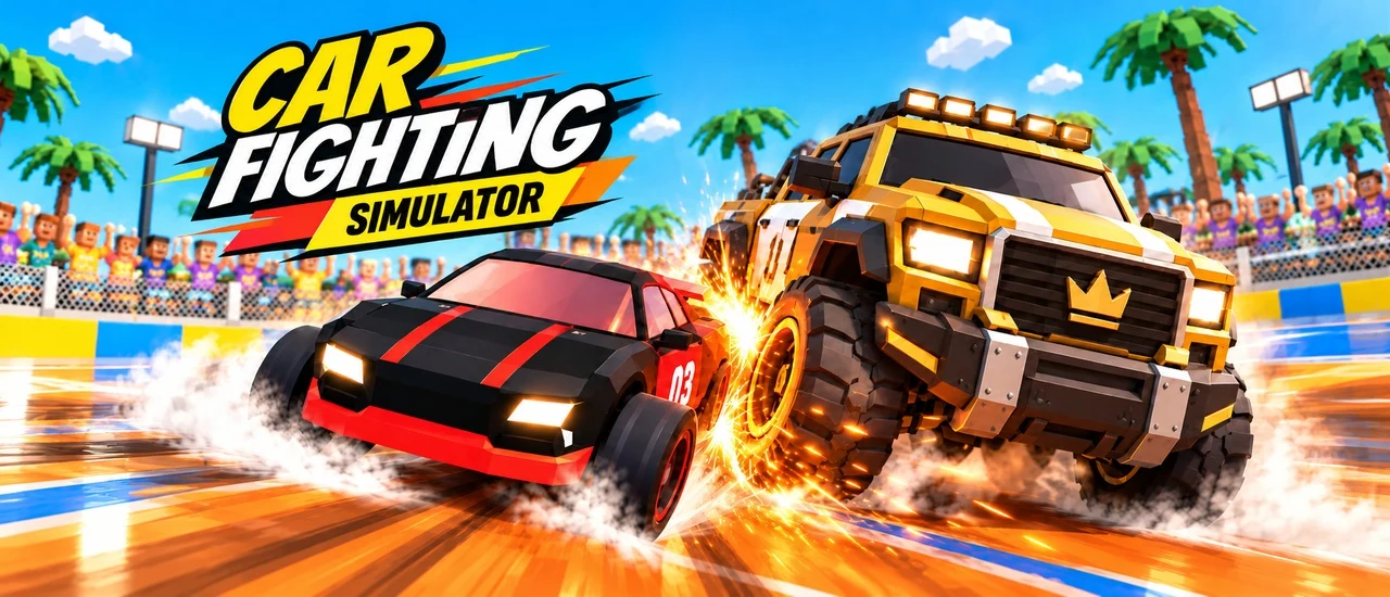 Car Fighting Simulator cover artwork showing a black and red sports car colliding with a yellow monster truck in a colourful arena.