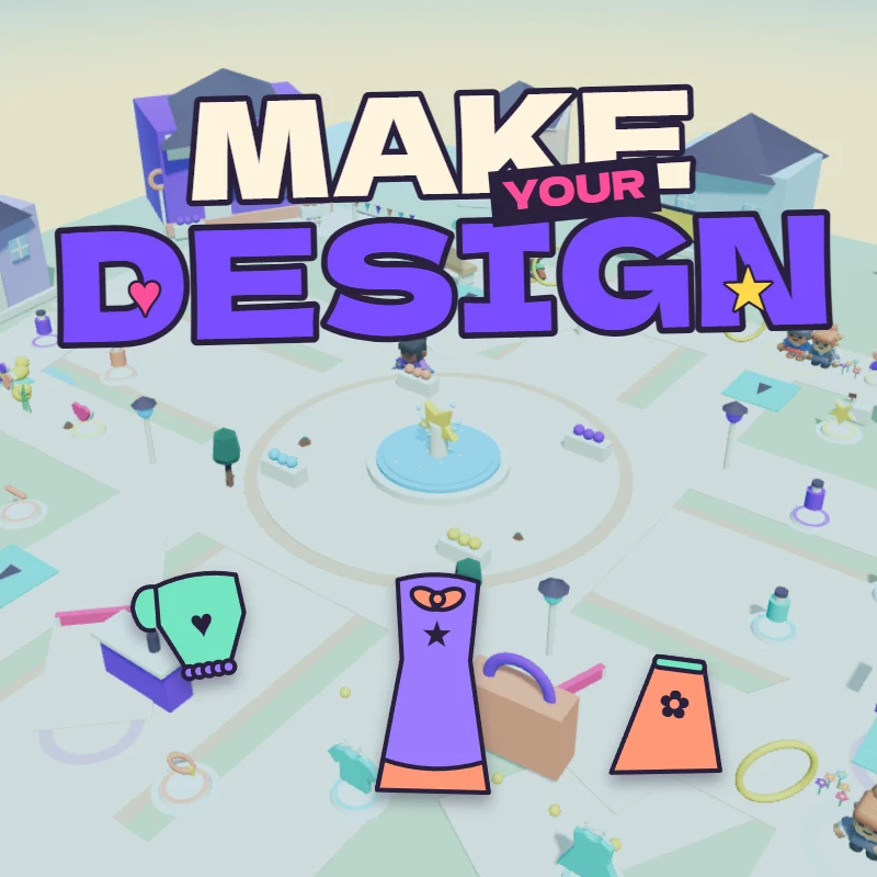 Make Your Design cover artwork with the game title above a pastel town square and colourful illustrated designs.